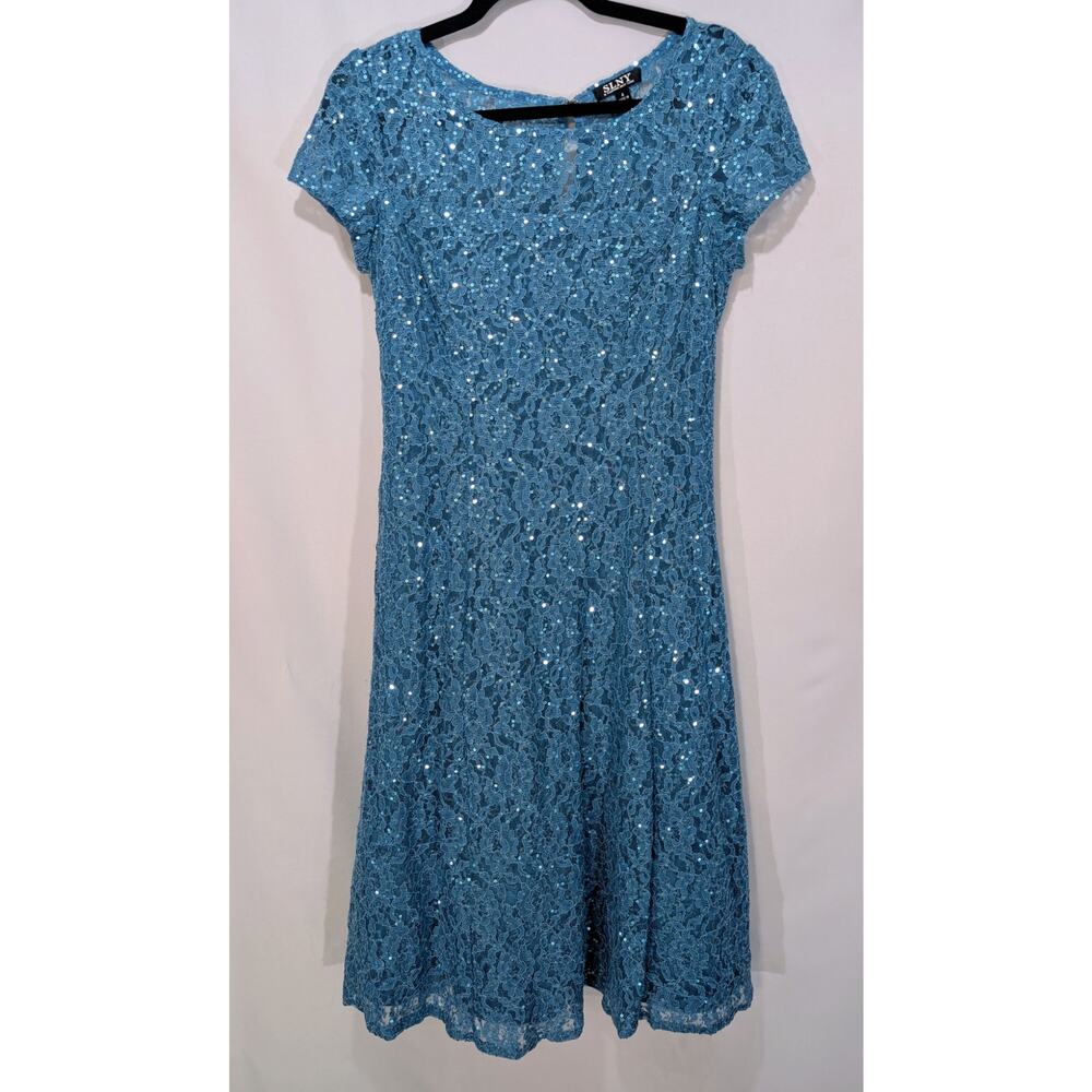 SLNY Blue Lace Sequin Fit & Flare Midi Dress Size 4
